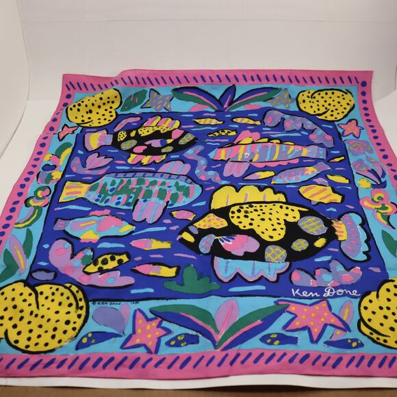 Vintage Ken Done Silk Scarf 1988 "School of Fish" Print - Picture 1 of 6